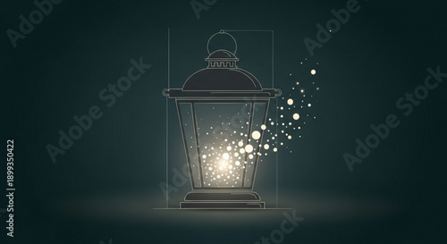 Magic Lantern Releasing Sparkling Lights on Dark Background, Fantasy Illustration