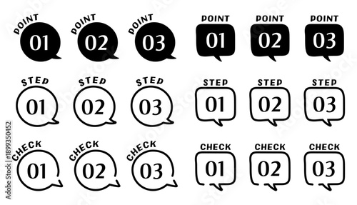 ポイント・ステップ・チェック番号付き吹き出しアイコンセット / Numbered Speech Bubble Icons for Point, Step and Check Labels