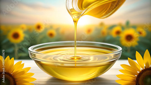 Sunflower oil pouring into a glass bowl surrounded by sunflowers in a field yellow