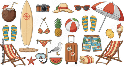 Colorful vector collection of summer beach vacation elements including surfboard, sun umbrella, tropical fruits, and travel gear isolated on white background.