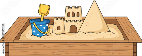 Kids sandbox playground illustration with sandcastle, bucket, and shovel, fun outdoor summer activity concept for children playtime, kindergarten, and recreation design.