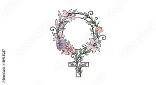 Floral wreath encircles venus symbol with cross pink purple flowers and green leaves on white background representing feminism and spirituality in elegant illustration