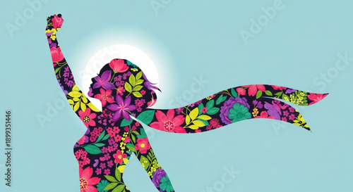 Vibrant woman silhouette with floral pattern and flowing scarf against light blue background exuding freedom and joy