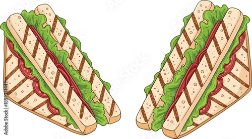 Grilled sandwich illustration with fresh lettuce, tomato, and deli meat, tasty fast food snack concept for lunch menu, cafe meals, and street food design.