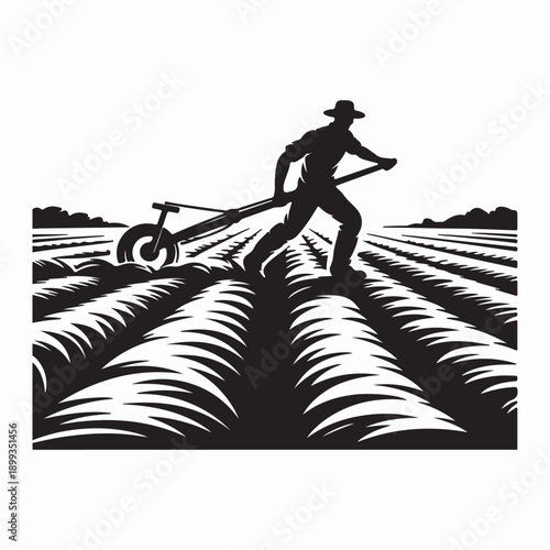 Farmer plowing field with tractor silhouette black and white rural agriculture