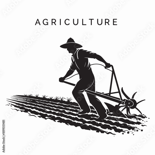 Farmer plowing field with traditional plow vintage black and white illustration agriculture