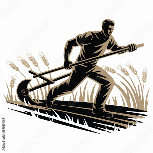 Farmer harvesting wheat crop in field with scythe vintage illustration black and white