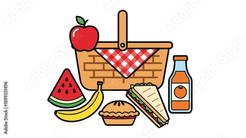 Cartoon style illustration depicting a classic wicker picnic basket surrounded by fresh fruit sandwiches and an orange juice beverage ready for an outdoor meal adventure.