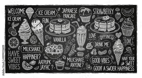 A chalk-drawn illustration on a blackboard featuring various sweet treats like ice cream, pancakes, and milkshakes, with positive messages.