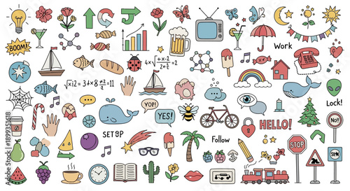 A vibrant collection of hand-drawn doodle icons and illustrations covering a wide range of everyday objects, nature, animals, food, and abstract concepts.