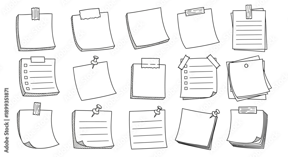 Εκτύπωση καμβά Hand-drawn doodle style collection of various paper sheets, notes, clipboards, and memo pads with different attachments