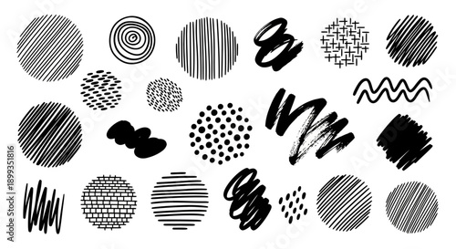 Collection of hand-drawn black and white abstract textures and patterns, including lines, dots, scribbles, and brush strokes, isolated on a white background.