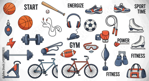 A vibrant collection of sports equipment and fitness-related items, including balls, weights, bicycles, and athletic shoes, illustrating a healthy lifestyle.