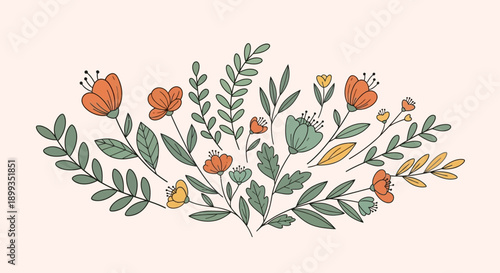 A charming illustration of various hand-drawn flowers and botanical elements in warm, earthy tones, arranged in a decorative floral bouquet.