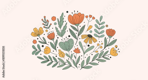 A charming illustration of various stylized flowers and leaves in warm, earthy tones, arranged in an oval cluster on a light background.