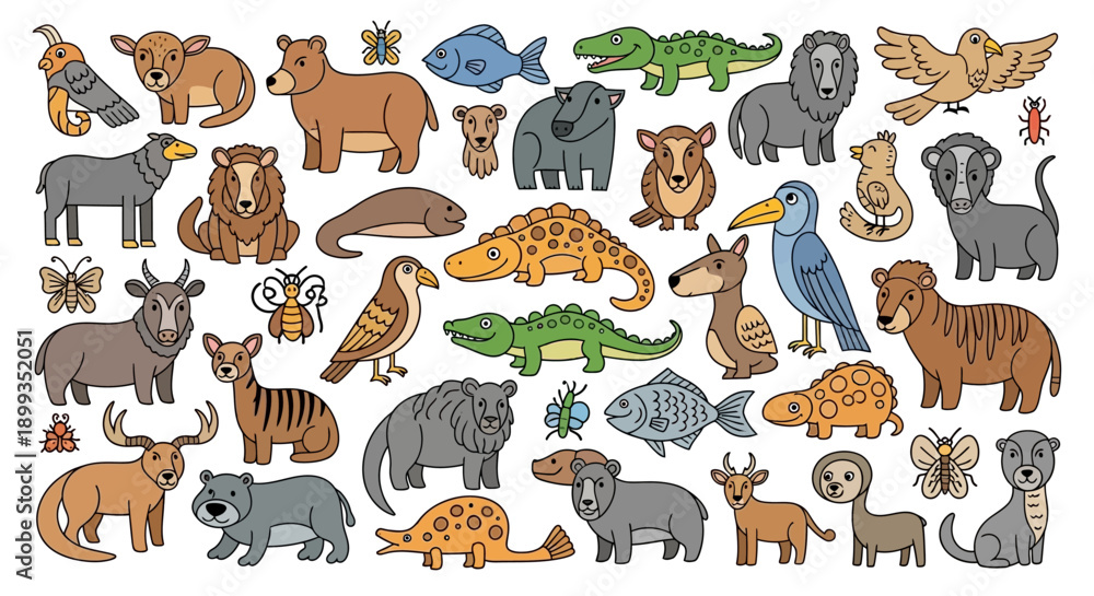 Fototapeta premium A diverse collection of cartoon animals including mammals, birds, reptiles, fish, and insects, depicted in a simple, outlined style.