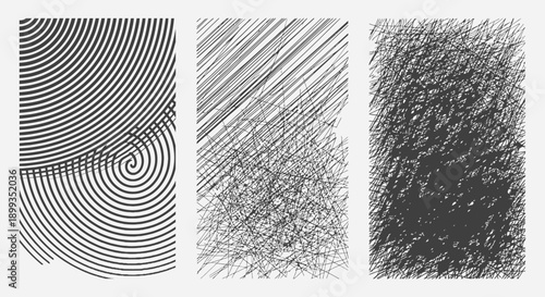 Abstract line art patterns featuring concentric circles, diagonal lines, and dense scribbled textures on a light background.