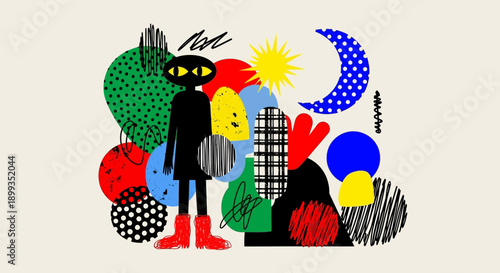 Vibrant abstract illustration featuring a stylized black figure with yellow eyes and red boots amidst a playful arrangement of colorful geometric and organic shapes, sun, and moon.