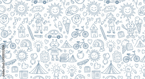 A seamless pattern of hand-drawn blue doodles depicting various childhood objects, toys, and educational items on a white background.