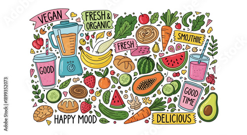 A vibrant doodle illustration of fresh fruits, vegetables, and smoothies with positive text, promoting healthy eating and vegan lifestyle.