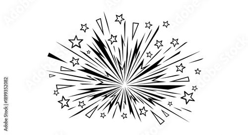 Black and white comic style explosion burst with radiating lines, triangles, and stars, depicting a dynamic impact or celebration.