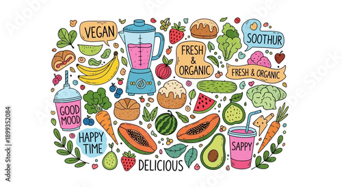 A vibrant doodle illustration of fresh fruits, vegetables, and smoothies with positive lifestyle messages.
