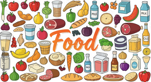 A vibrant, cartoon-style illustration featuring a wide variety of food items such as fruits, vegetables, dairy products, meats, and baked goods, with the word 'Food' in the center.