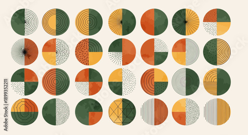 Abstract geometric circles with segmented patterns in green, orange, yellow, and white colors arranged in a grid.