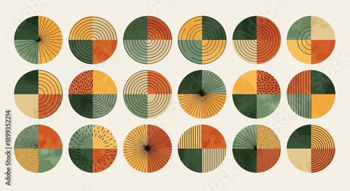 Abstract geometric circles with earthy tones and diverse textures arranged in a grid pattern.