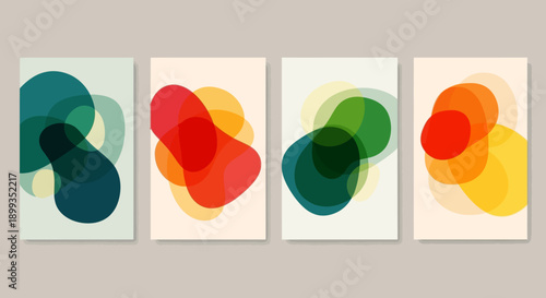 Set of four abstract art prints with overlapping translucent organic shapes in vibrant colors on light backgrounds.