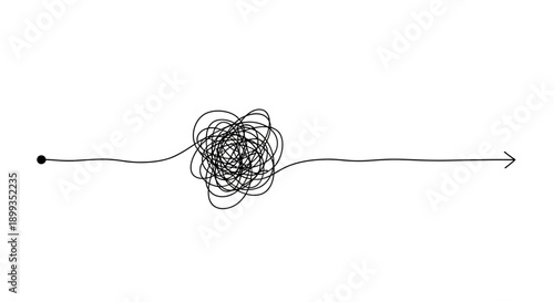 A black line illustrating a complex and tangled path from start to finish, symbolizing problem-solving or a difficult journey.