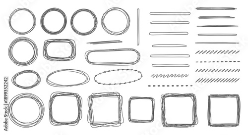 A collection of hand-drawn sketchy frames, circles, squares, ovals, and various lines for graphic design elements.
