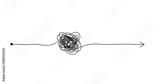 A straight line with a chaotic, tangled knot in the middle, symbolizing complexity, problem-solving, and a difficult journey.