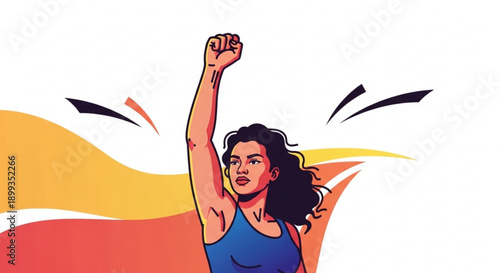 Woman with raised arm in blue tank top showing determination and strength with vibrant background
