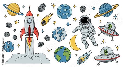 A vibrant collection of cartoon space elements including a launching rocket, planets, stars, an astronaut, aliens in UFOs, asteroids, and comets.