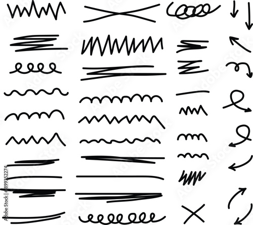 Set of hand-drawn doodle lines and arrows perfect for emphasizing text, creating bullet points, or adding playful touch to designs isolated on white background
