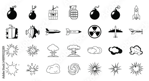 Collection of various explosive and military icons on white background