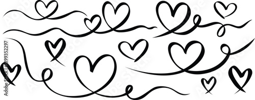 Calligraphic heart flourish collection with elegant hand drawn swirls and script lines for romantic greeting cards and wedding invitation typography design projects