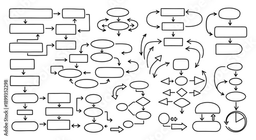 A comprehensive collection of hand-drawn flowchart and diagram elements for process mapping and system visualization.