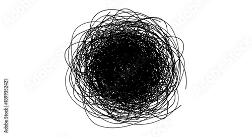 A black tangled scribble of lines forming a dense, chaotic ball on a plain white background, symbolizing complexity or confusion.
