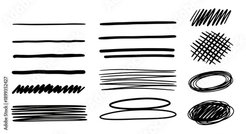 Collection of hand-drawn black lines, underlines, scribbles, and oval shapes on a white background, useful for graphic design elements and annotations.