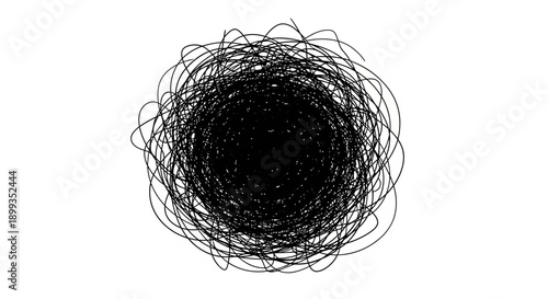 Abstract black tangled scribble representing confusion, chaos, or a complex problem on a white background.