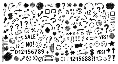 A large collection of hand-drawn doodle arrows, question marks, numbers, and symbols on a white background, perfect for graphic design elements.