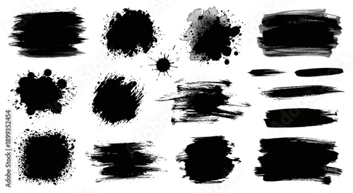 Collection of various black ink brush strokes, paint splatters, and grunge textures for graphic design elements.