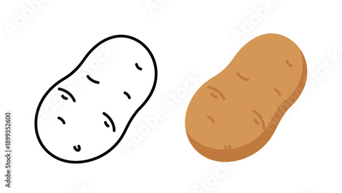 Isolated simple vector illustrations of a whole potato presented side by side featuring one in a clean outline style and another filled with solid brown color for diverse design projects