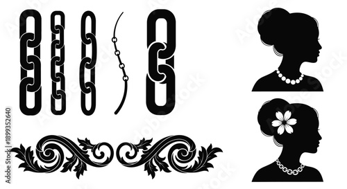 Black silhouettes of women with jewelry and decorative chain designs