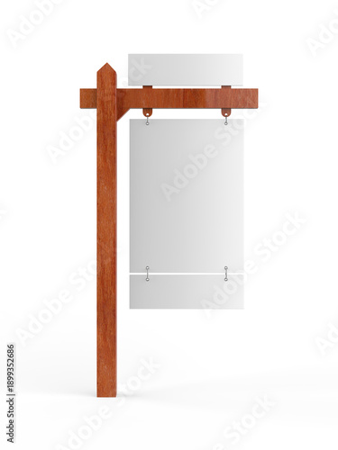 Wallpaper Mural Minimalist white hanging signboard mockup mounted on a wooden post, isolated on a white background. Ideal for branding, storefront signage, real estate signs, wayfinding, and advertising presentations Torontodigital.ca