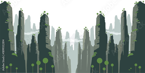 Serene Illustration Featuring Mystical Tall Cliffs and Sparse Trees Under a Clear Sky