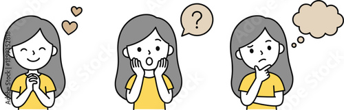 Cute girl emotion illustration set showing love surprise thinking facial expressions feelings psychology communication cartoon character vector design concept