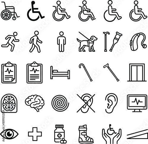 Disability accessibility medical and healthcare icons set including wheelchair mobility aids rehabilitation symbols inclusive assistive technology line vector collection for UI design projects